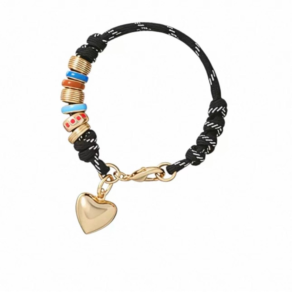 Roxanne Assoulin Black Cord Bracelet with Gold Heart and Multicolor Beads